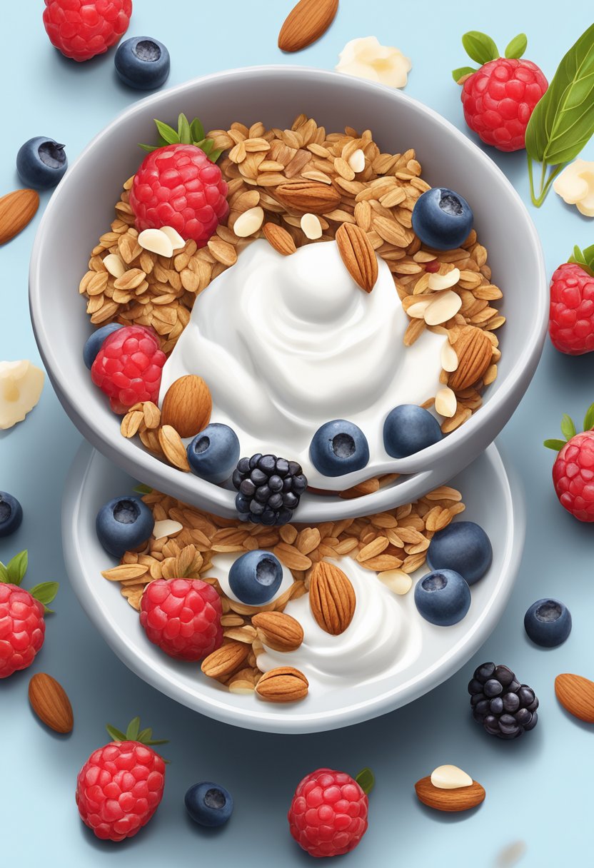 A bowl of keto granola with nuts, seeds, and coconut flakes, surrounded by fresh berries and a dollop of Greek yogurt