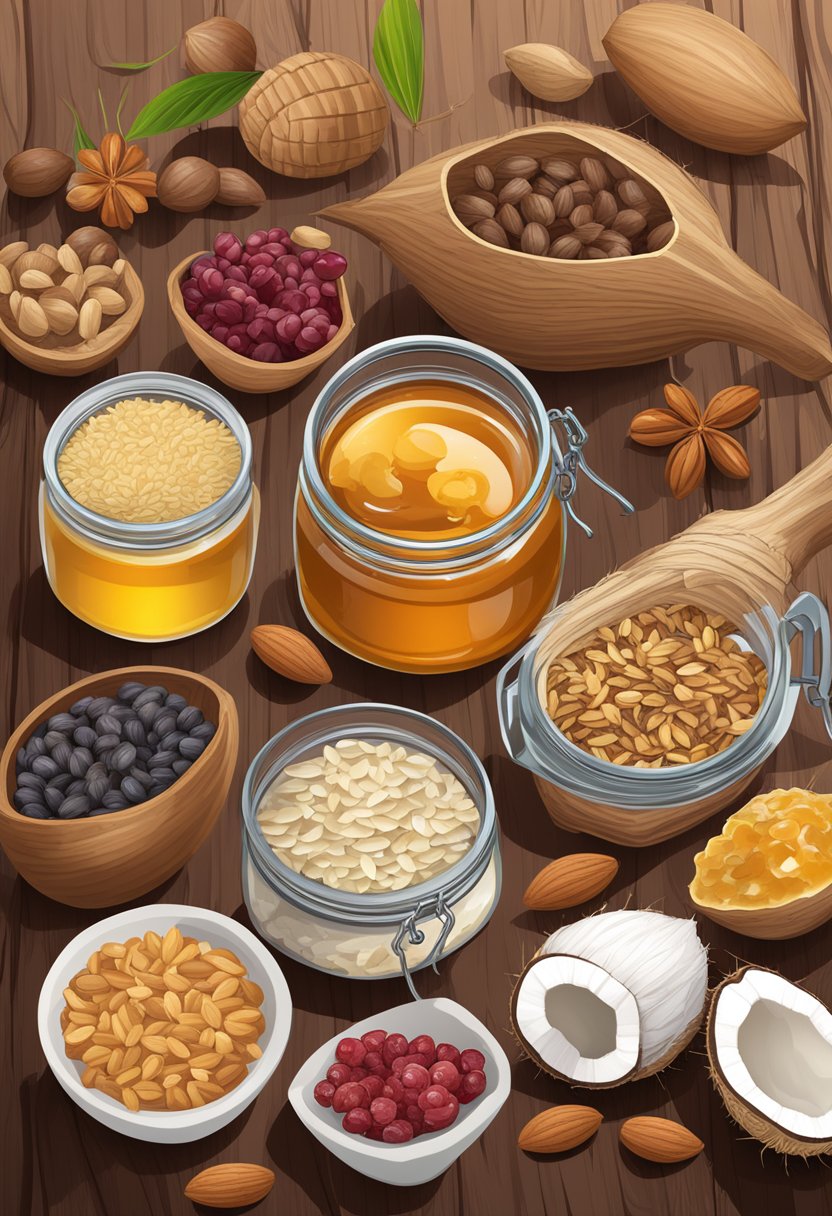 A variety of nuts, seeds, and coconut flakes spread out on a wooden table, with a jar of honey and a bowl of dried berries nearby