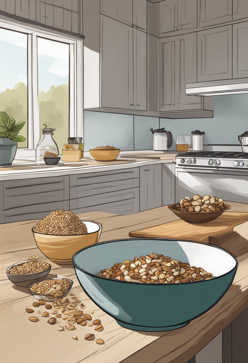 A kitchen counter with assorted nuts, seeds, and coconut flakes, a mixing bowl, and a baking sheet with freshly baked keto granola