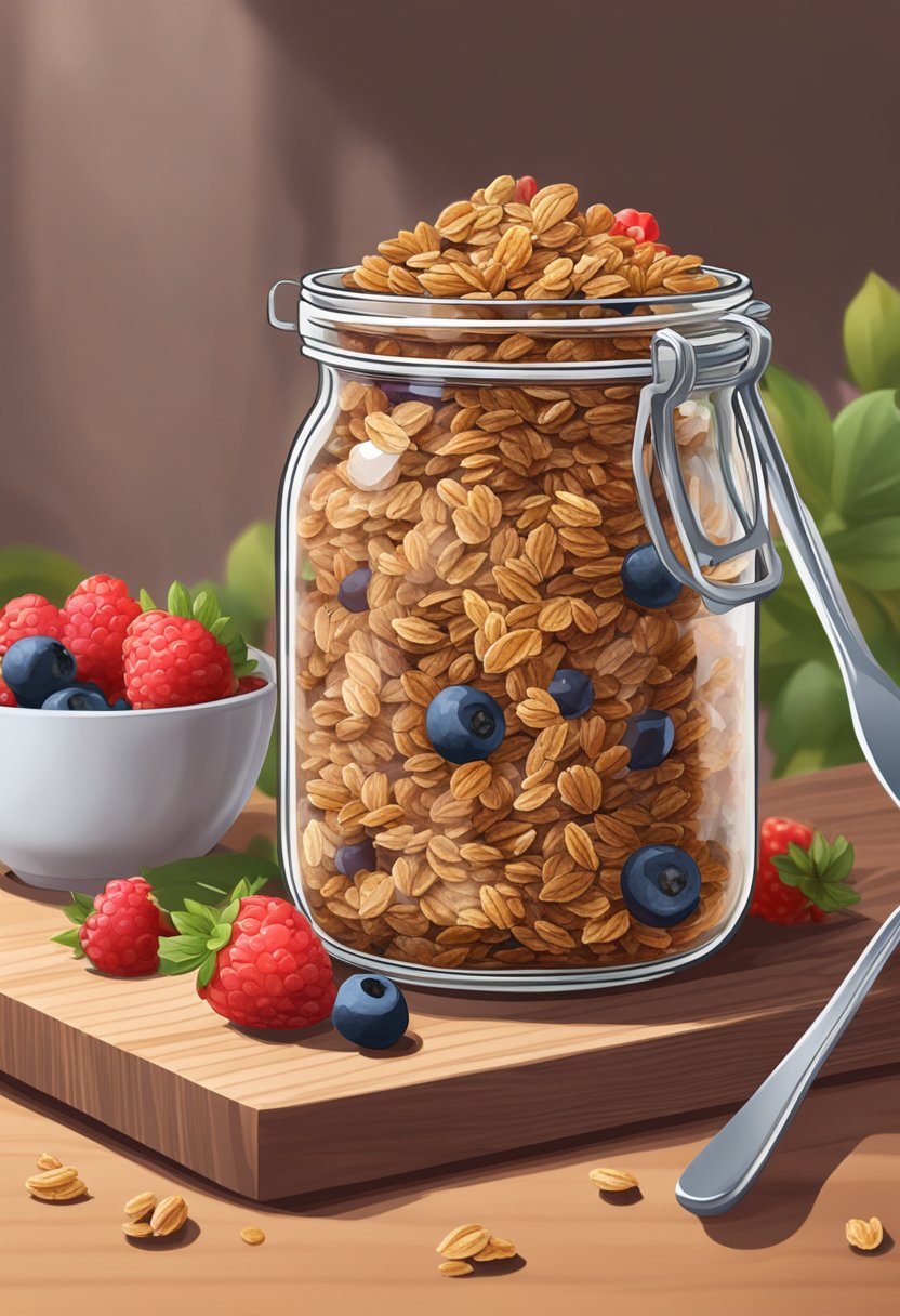 A glass jar filled with keto granola sits on a wooden countertop next to a bowl of fresh berries and a spoon