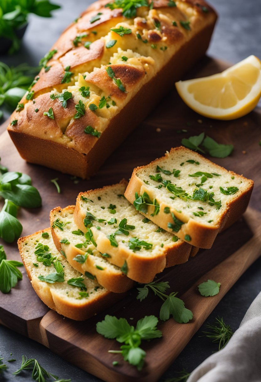 A golden-brown loaf of keto garlic bread, sliced and topped with fresh herbs, sits on a wooden cutting board