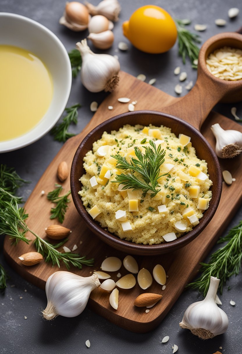 A wooden cutting board with scattered garlic cloves, almond flour, eggs, and herbs. A bowl of melted butter sits nearby