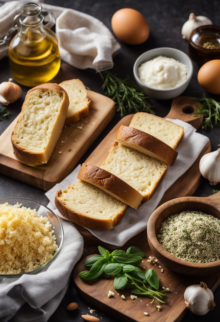 A kitchen counter with ingredients for keto garlic bread, including almond flour, eggs, garlic, and herbs, along with baking utensils and a baking tray