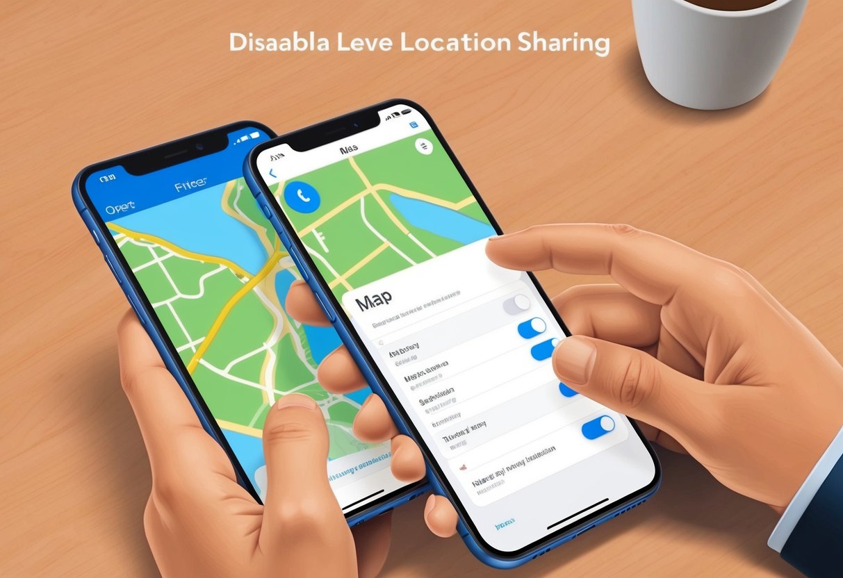 A person adjusting privacy settings on a phone with a map app open. They are tapping on the screen to disable location sharing