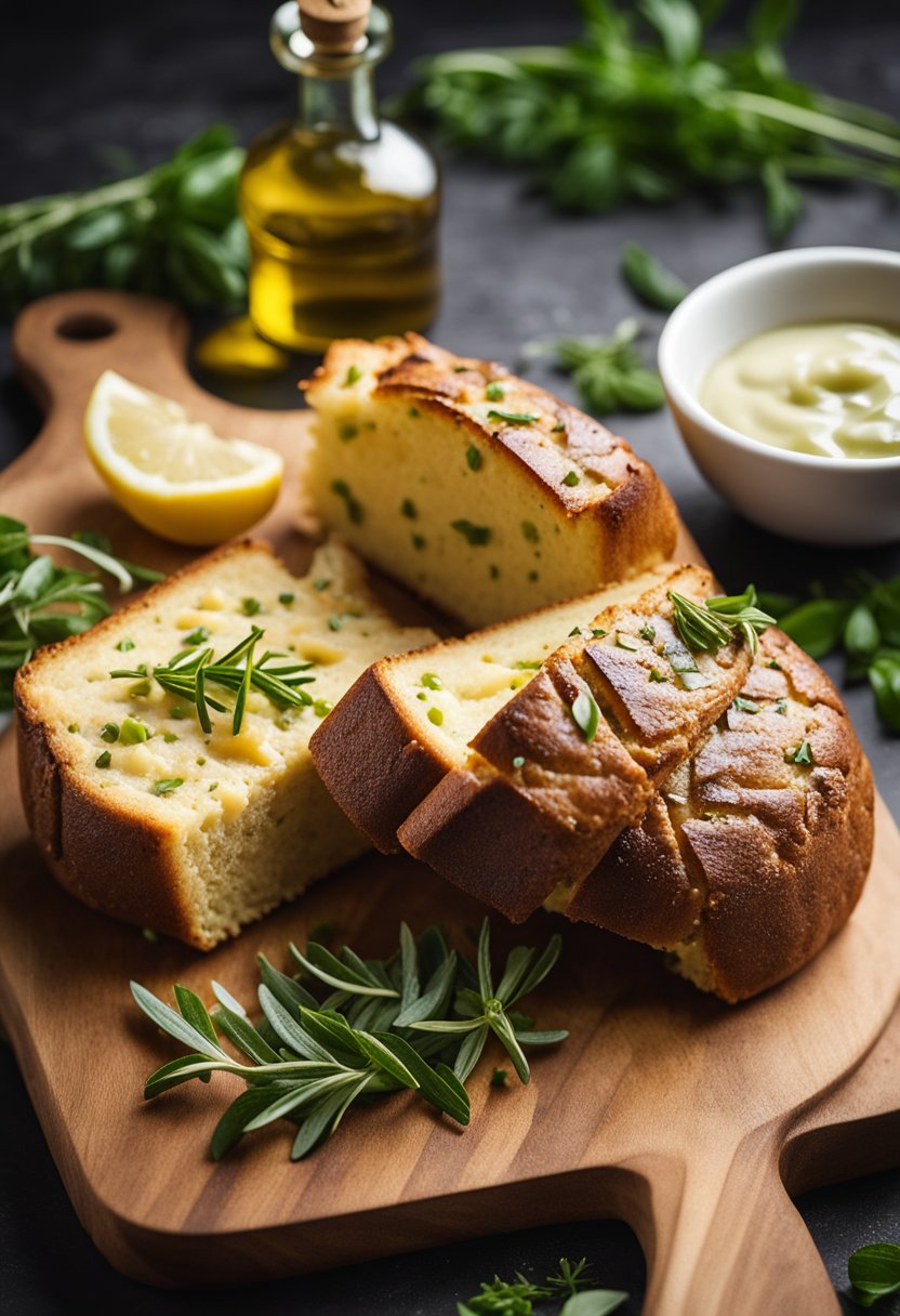 A golden brown loaf of keto garlic bread on a wooden cutting board with fresh herbs and a side of olive oil for dipping