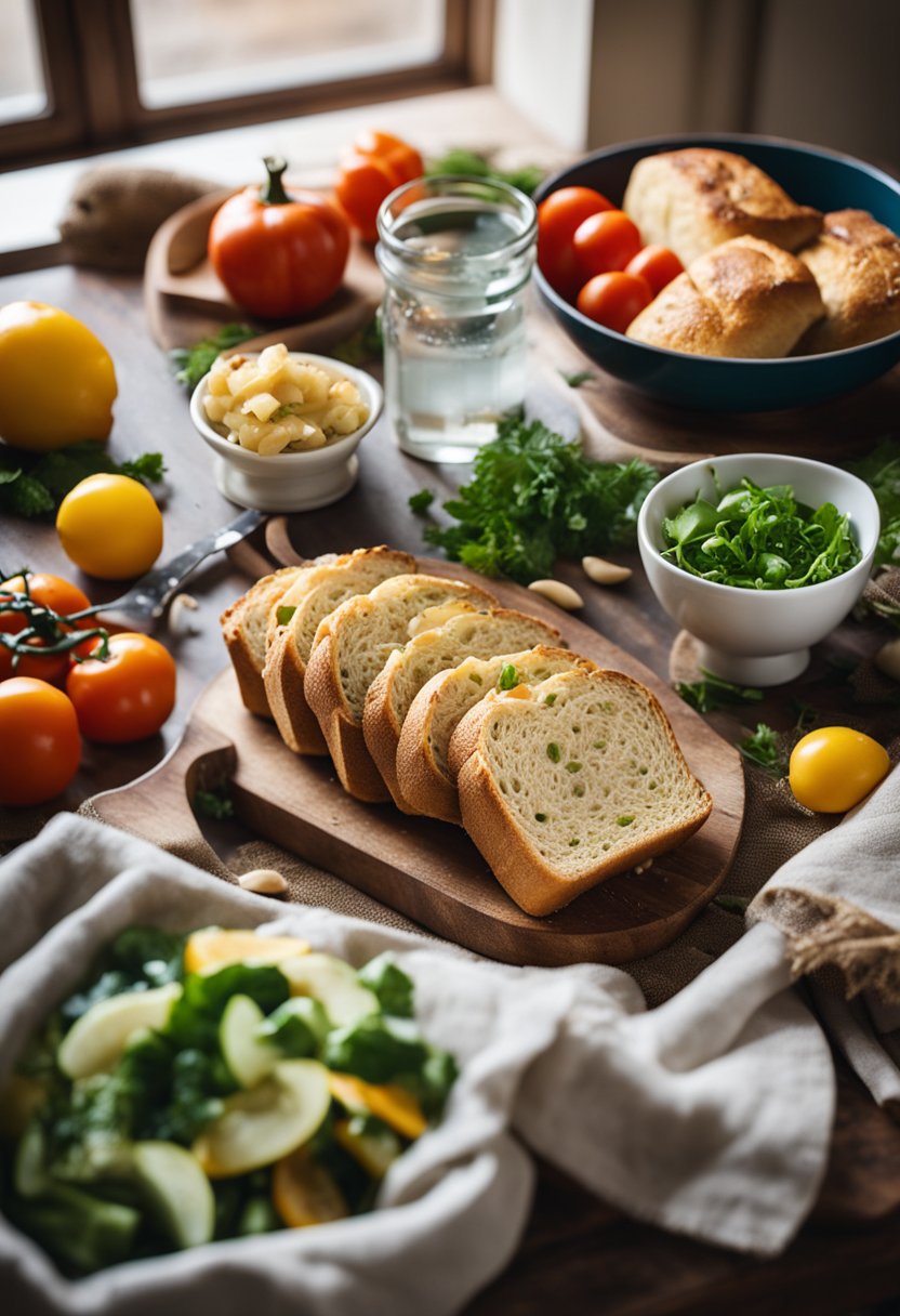 A rustic kitchen table set with a freshly baked keto garlic bread loaf, surrounded by colorful vegetables and a glass of water