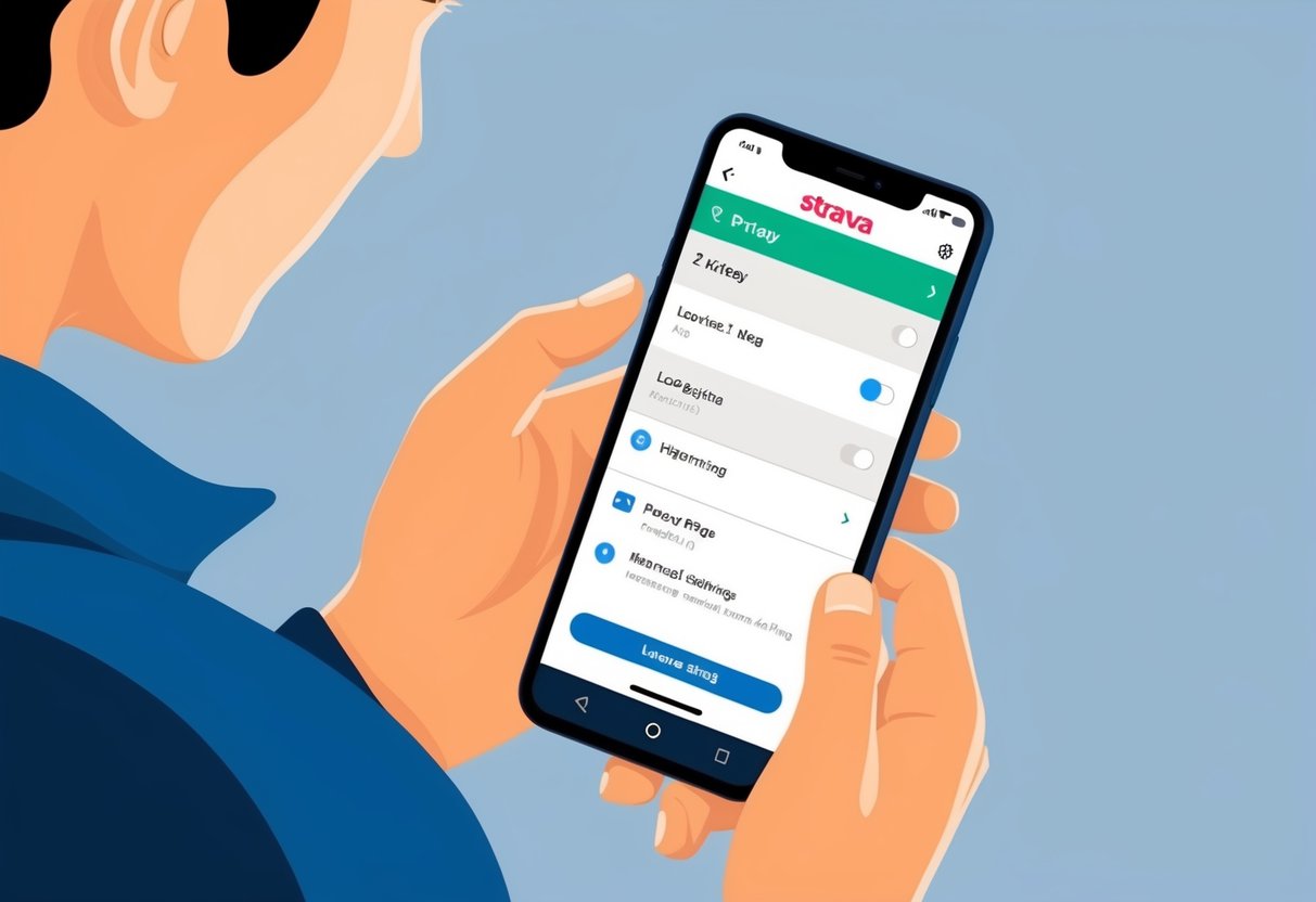A person adjusting privacy settings on their Strava app, with a focus on location sharing