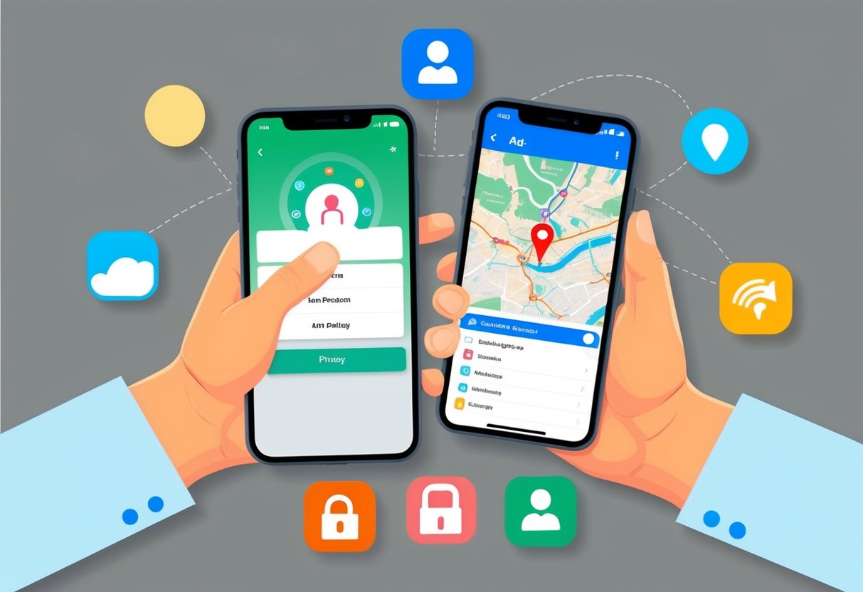 A person adjusting privacy settings on a smartphone with a map app open, surrounded by icons and options