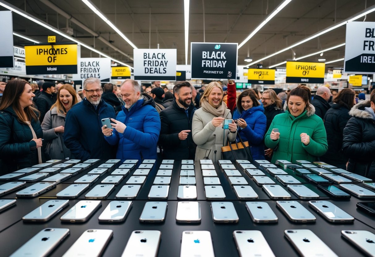 A crowded store with shelves of iPhones, promotional signs, and excited customers browsing for Black Friday deals in Ireland