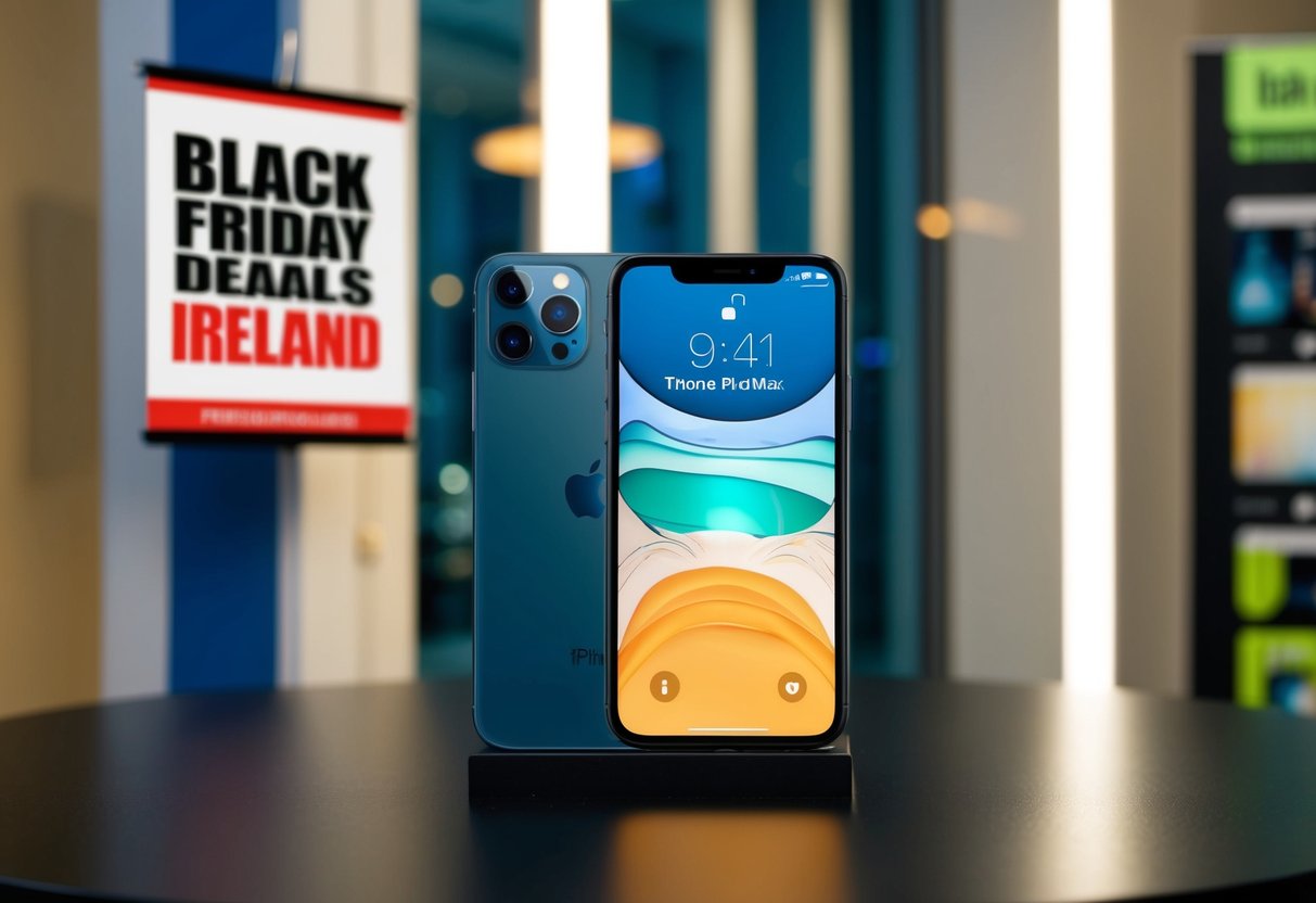 An iPhone 14 Pro Max displayed on a table with a "Black Friday Deals Ireland" banner above it