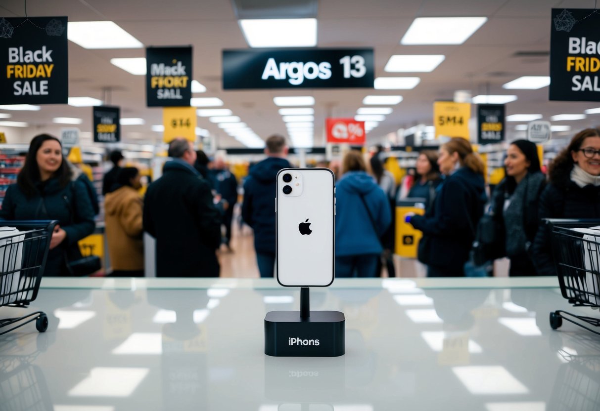 An iPhone 13 Mini sits on a sleek display stand in an Argos store, surrounded by black Friday sale signs and eager shoppers