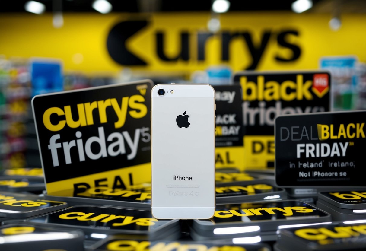 An iPhone SE (3rd Gen) surrounded by black friday deal signs at a Currys store in Ireland