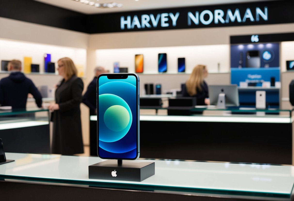 An iPhone 12 displayed on a sleek, modern countertop at a Harvey Norman store in Ireland during a Black Friday sale