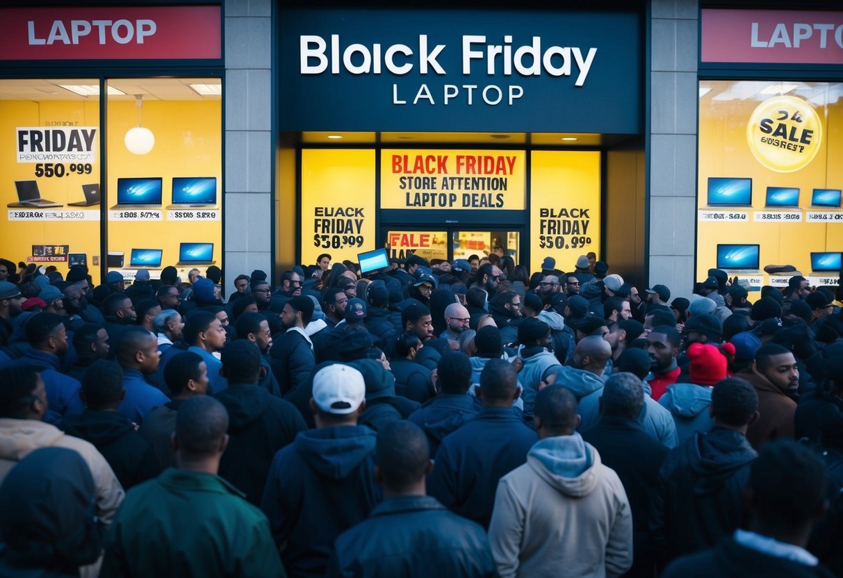 Crowds gather outside electronics store, eager for Black Friday laptop deals. Store windows display various models and prices. Bright sale signs attract attention