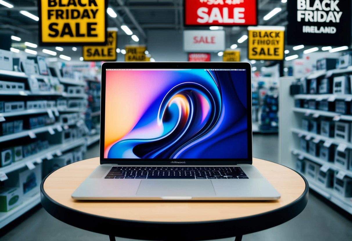 An Apple MacBook Air M1 sits on a table surrounded by Black Friday sale signs in an electronics store in Ireland