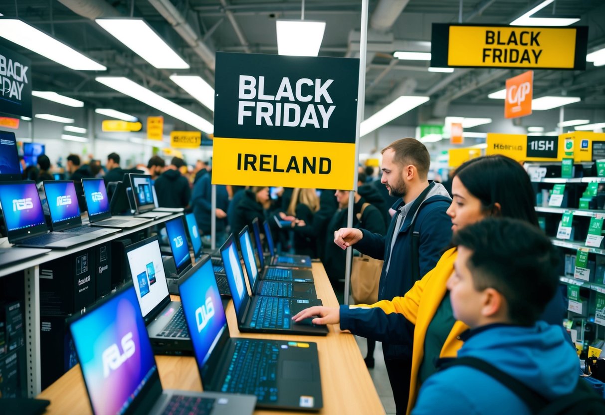 A crowded electronics store with shelves of laptops, a large "Black Friday" sign, and customers browsing the ASUS ROG Zephyrus G14 in Ireland