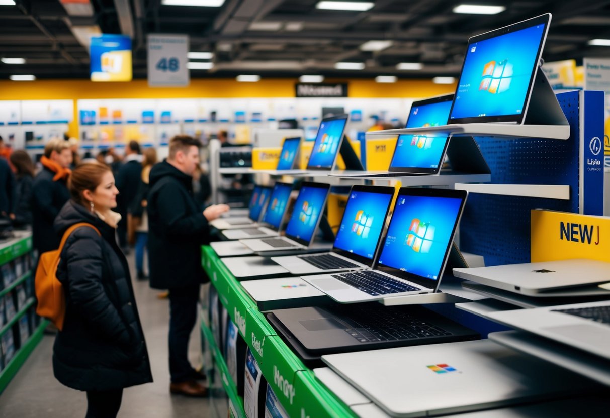 A crowded electronics store with shelves of Microsoft Surface Laptop 4s on sale for Black Friday in Ireland