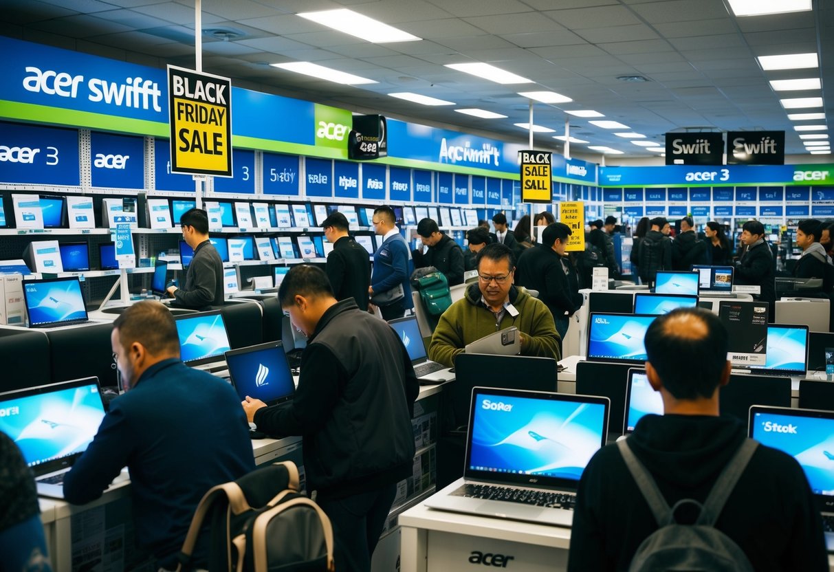 A crowded electronics store with shelves of Acer Swift 3 laptops, customers browsing, and Black Friday sale signs displayed prominently