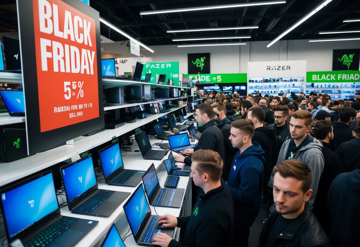 A crowded electronics store with shelves of laptops, a large "Black Friday" sign, and customers eagerly browsing the Razer Blade 15 laptop deals in Ireland