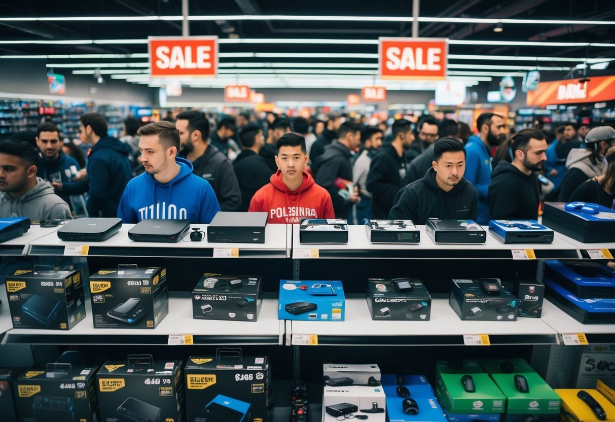 A crowded store with shelves of discounted gaming consoles and accessories, surrounded by eager shoppers and flashing sale signs