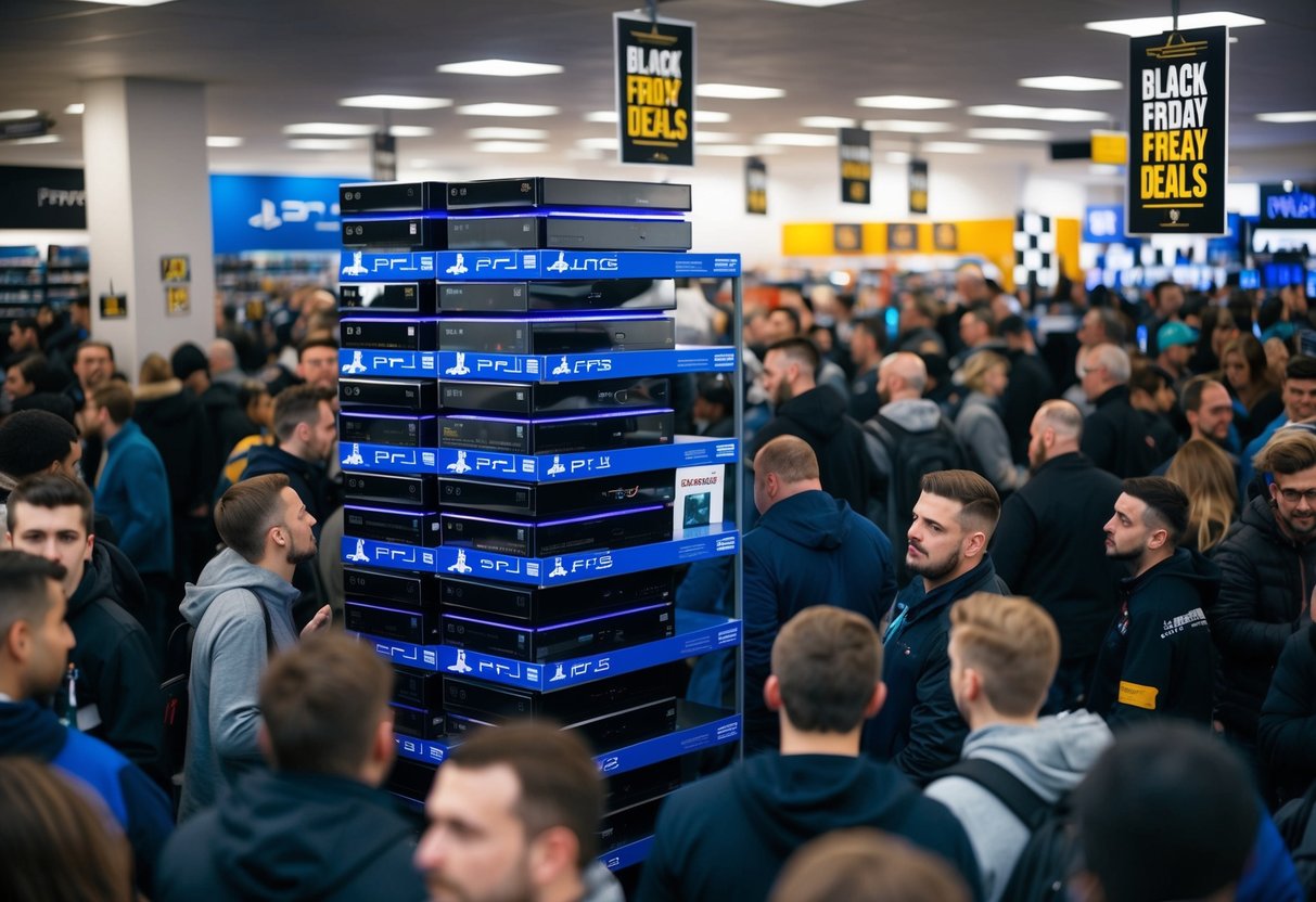 A crowded store with shelves stacked high with PlayStation 5 consoles, surrounded by eager shoppers and promotional signs for Black Friday gaming deals in the UK