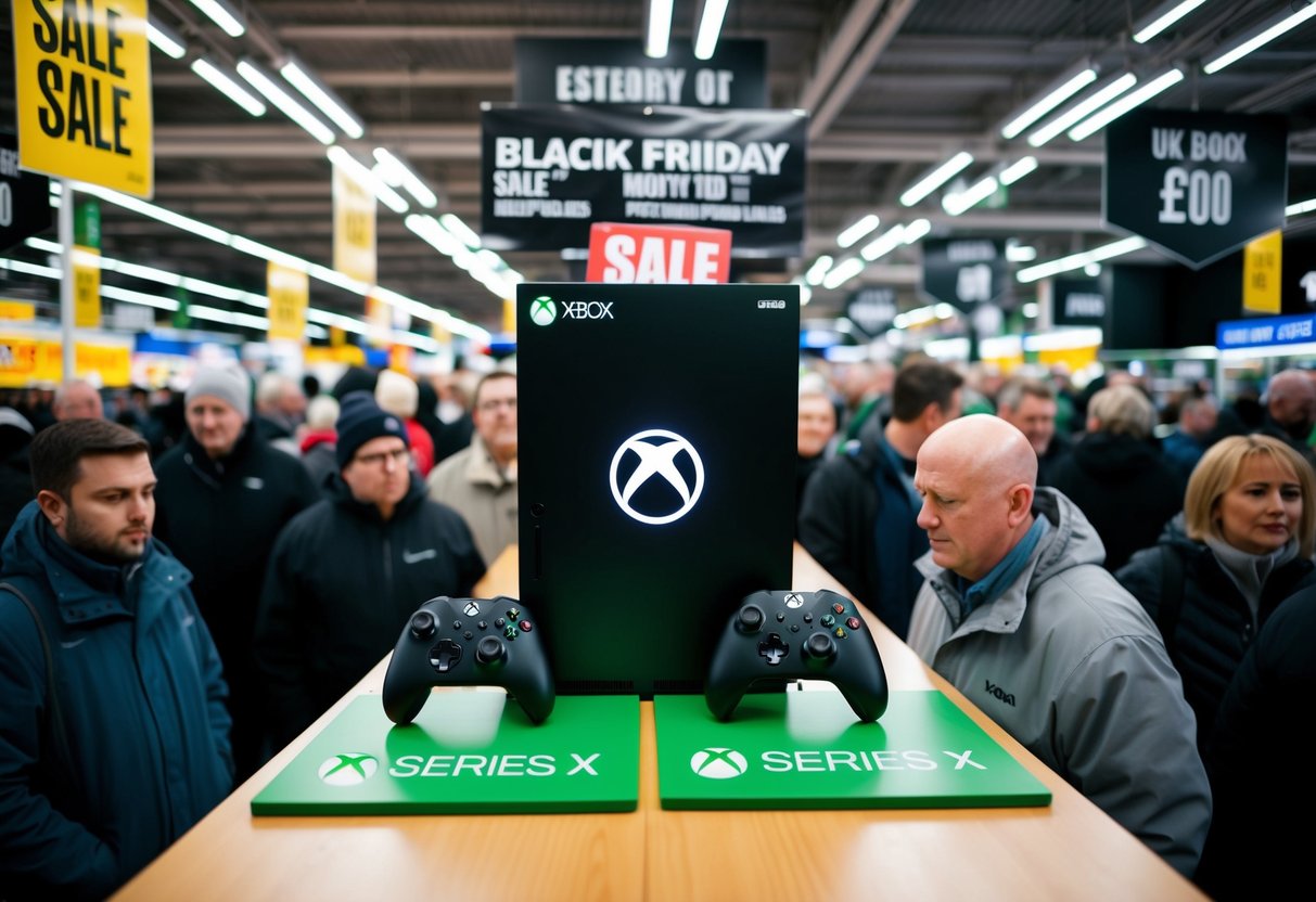 An Xbox Series X console surrounded by Black Friday sale signs and a crowd of eager shoppers in a UK retail store