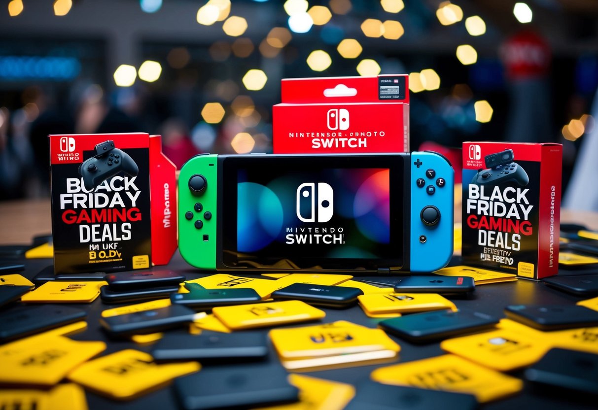 A Nintendo Switch OLED model surrounded by Black Friday gaming deals in the UK