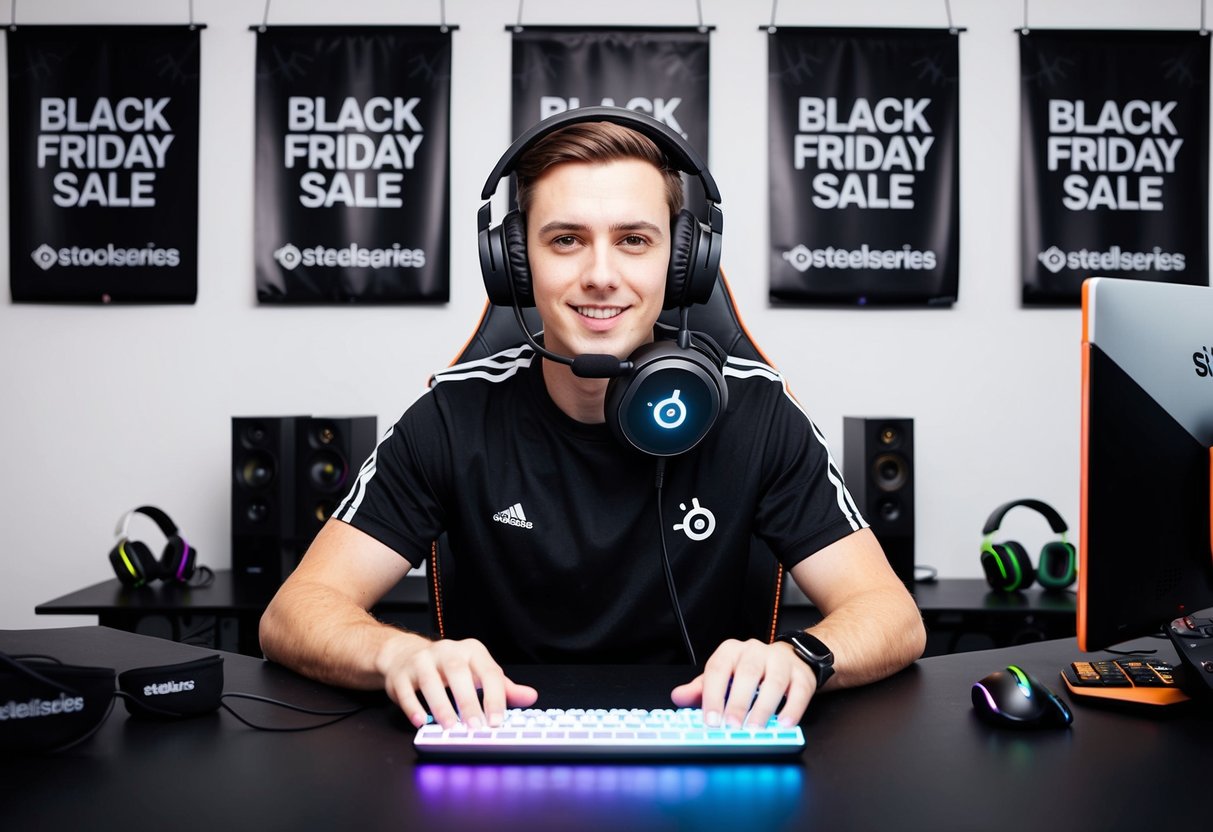 A gamer wearing the SteelSeries Arctis 7 Wireless Gaming Headset, surrounded by Black Friday sale banners and gaming accessories