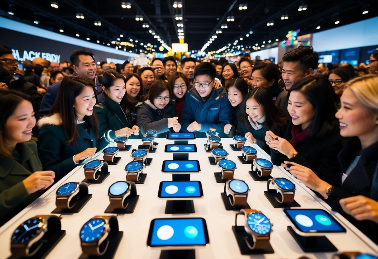 Crowds of people surround a display of smartwatches. Bright lights and excitement fill the air as shoppers eagerly browse the Black Friday deals