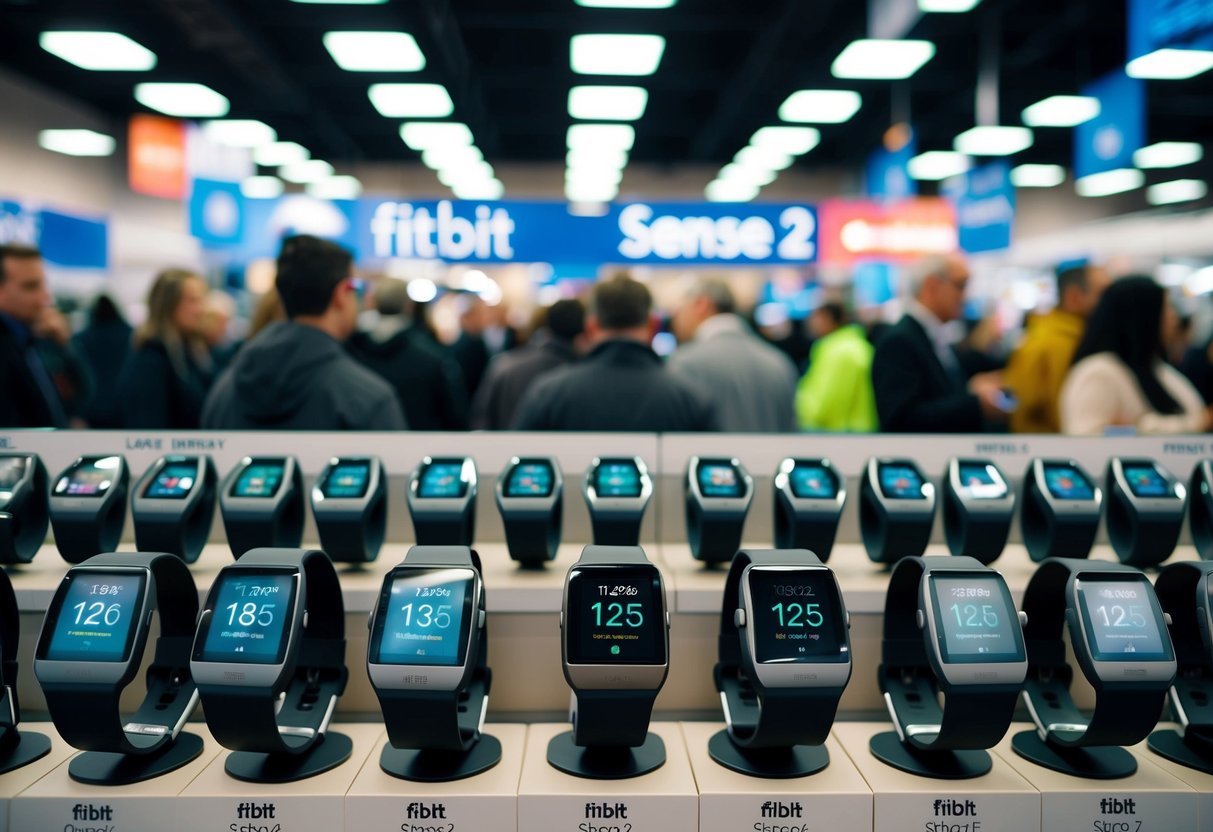 A crowded electronics store display with rows of Fitbit Sense 2 smartwatches on sale for Black Friday