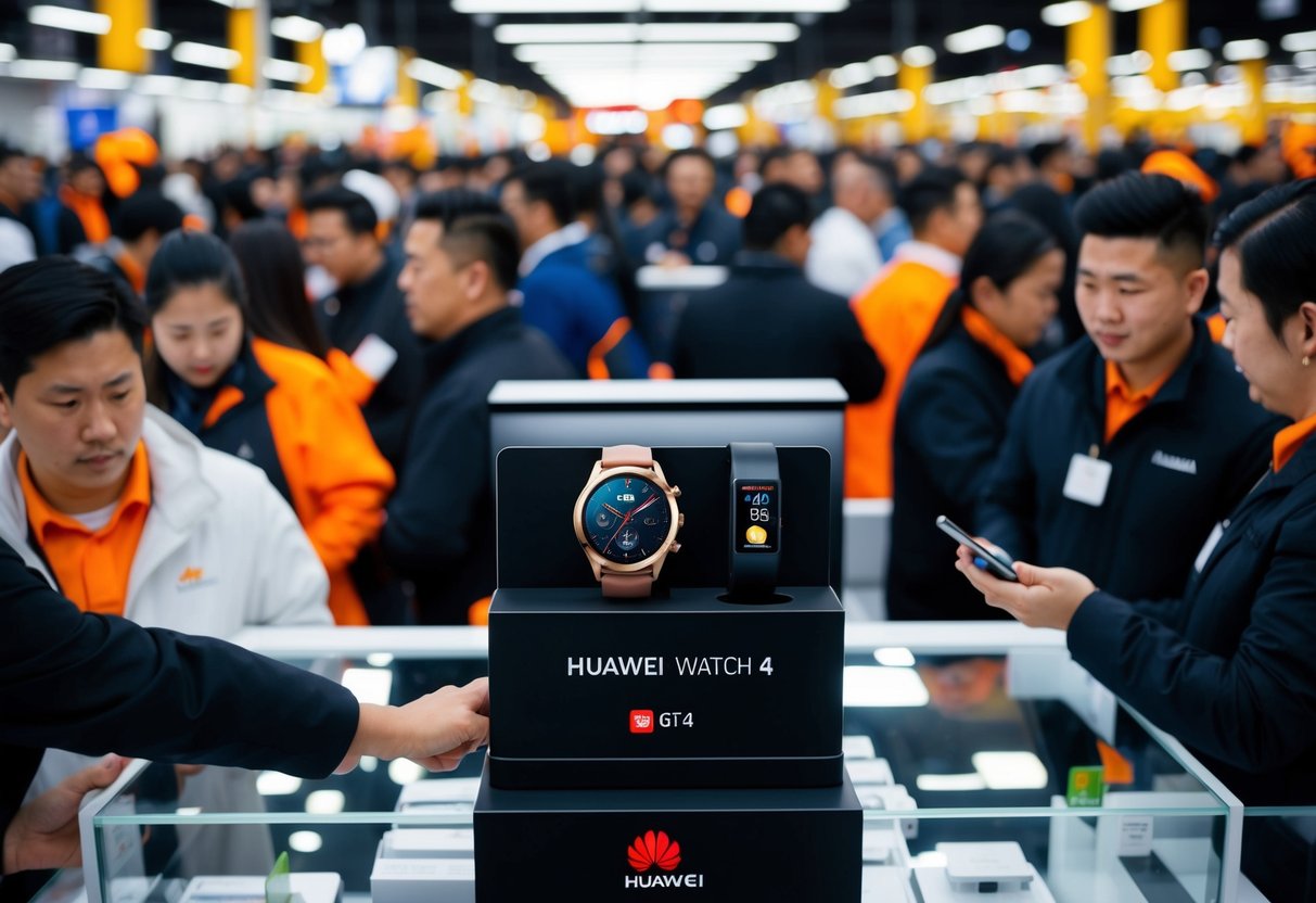 A bustling Black Friday sale with Huawei Watch GT 4 prominently displayed amid a crowd of eager shoppers and busy sales staff