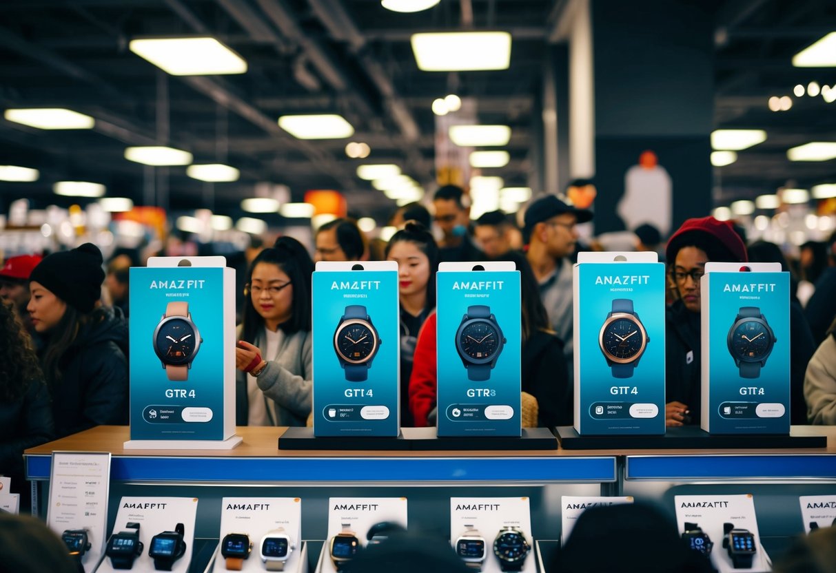 A crowded store with shelves of Amazfit GTR 4 smartwatches on display, surrounded by eager Black Friday shoppers