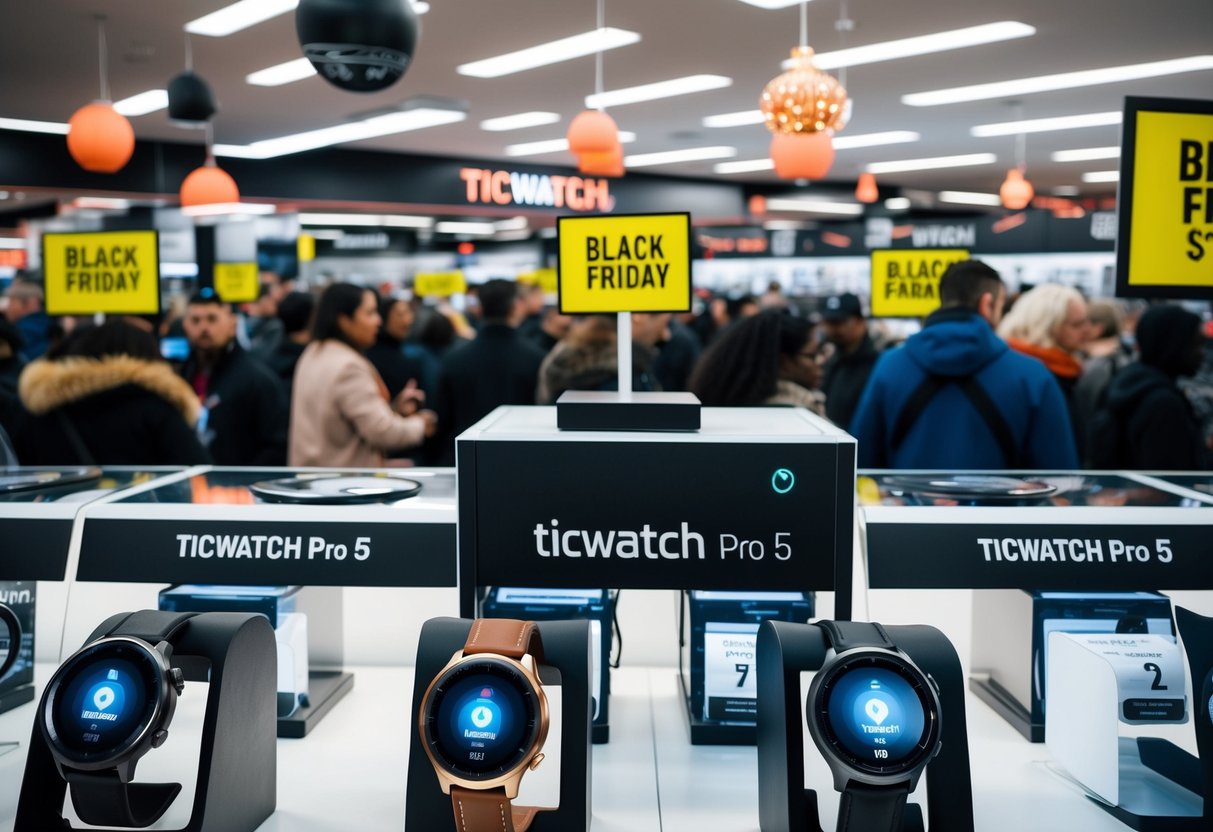 A crowded electronics store with shelves of TicWatch Pro 5 smartwatches on display, surrounded by eager shoppers and Black Friday sale signs