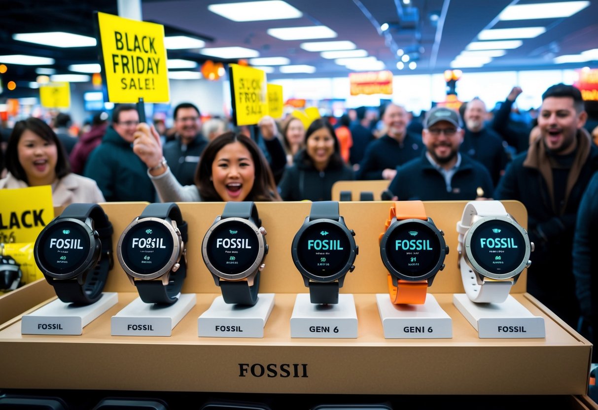 A bustling store with shelves of Fossil Gen 6 smartwatches, surrounded by excited shoppers and bright Black Friday sale signs