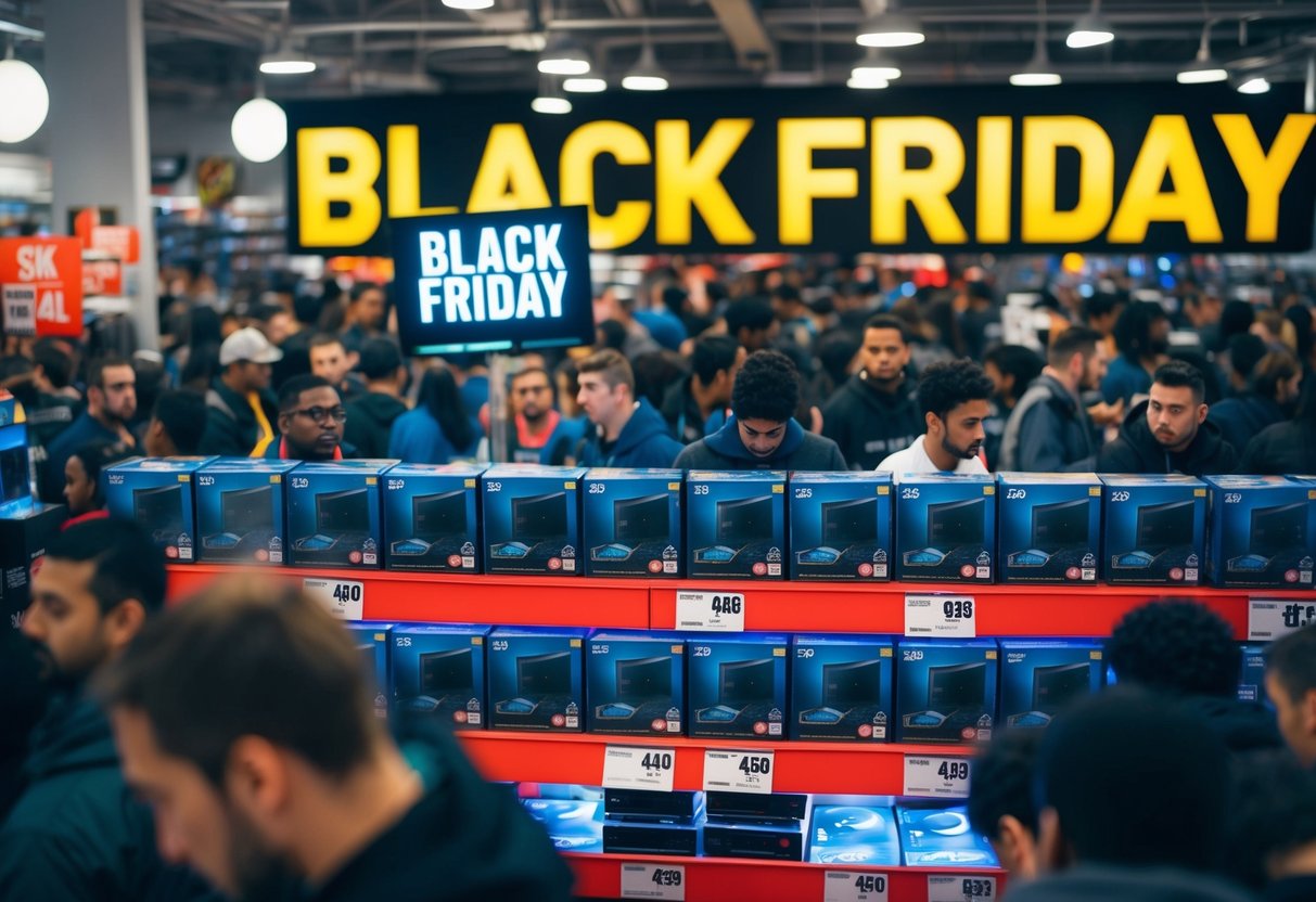 A crowded store with shelves of gaming consoles, surrounded by eager shoppers and flashing "Black Friday" signs