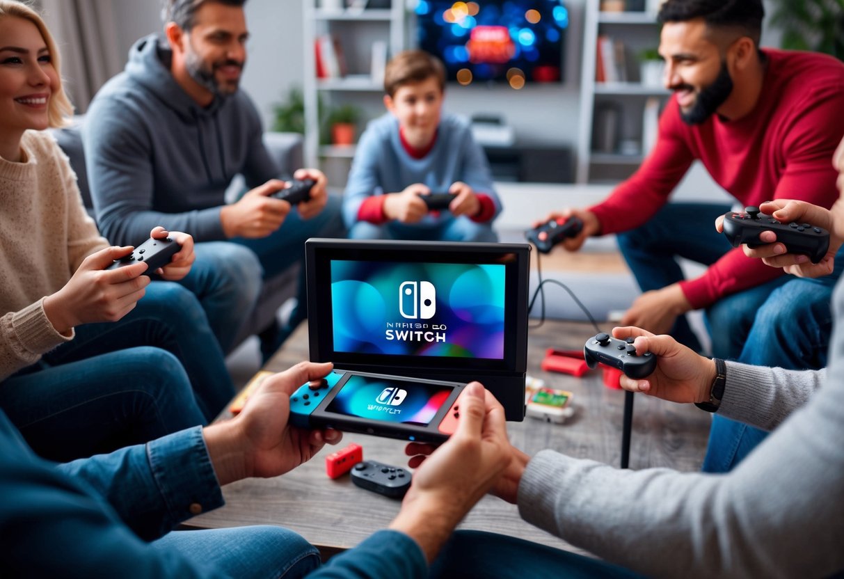 A family gathers around the living room, where a Nintendo Switch – OLED Model is connected to the TV, with controllers in hand, enjoying Black Friday gaming deals