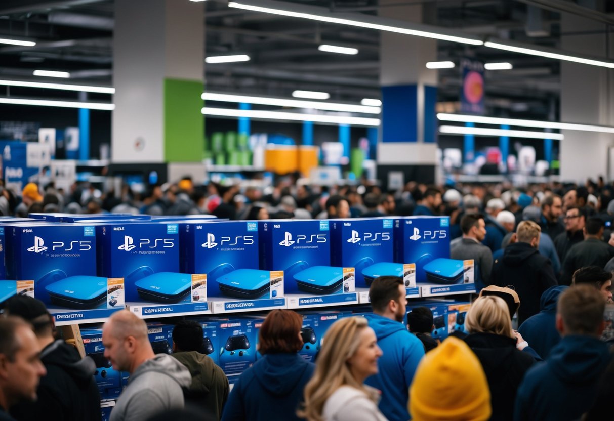 A crowded store with shelves of PlayStation 5 Digital Edition consoles, surrounded by eager Black Friday shoppers