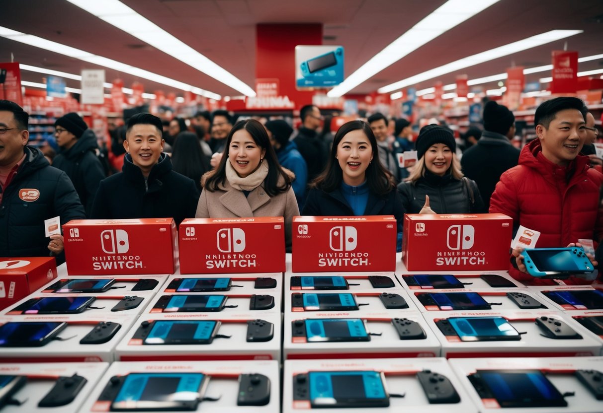 A crowded store with shelves of Nintendo Switch Lite consoles on sale, surrounded by excited shoppers on Black Friday