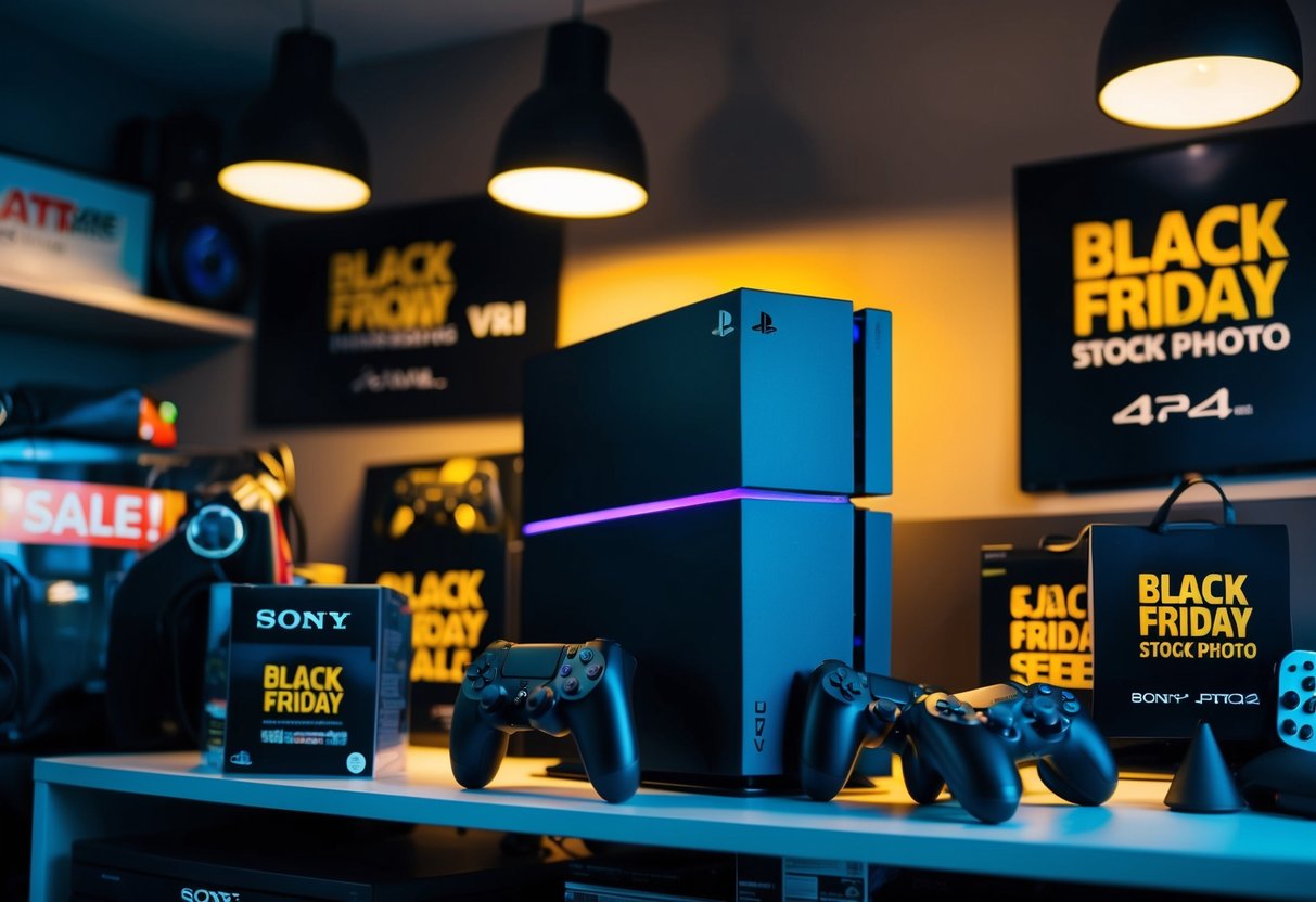 A dark room with a sleek black Sony PlayStation VR2 console and accessories displayed on a shelf, surrounded by Black Friday sale signs and gaming paraphernalia