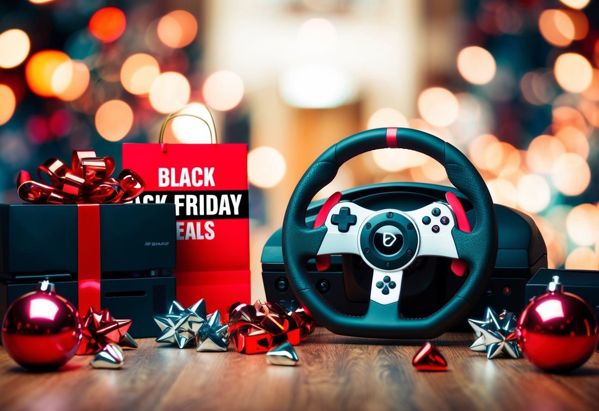 A racing wheel and gaming console surrounded by Black Friday deals