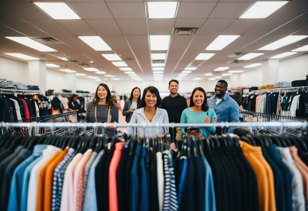 A bustling clothing store with racks of discounted items and excited shoppers browsing through the aisles