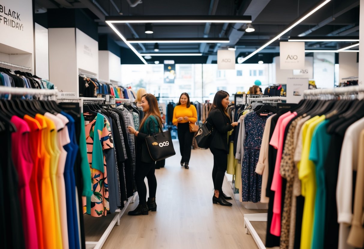 A bustling clothing store with racks of ASOS Design dresses and tops on sale for Black Friday. Customers browse through the colorful and trendy items