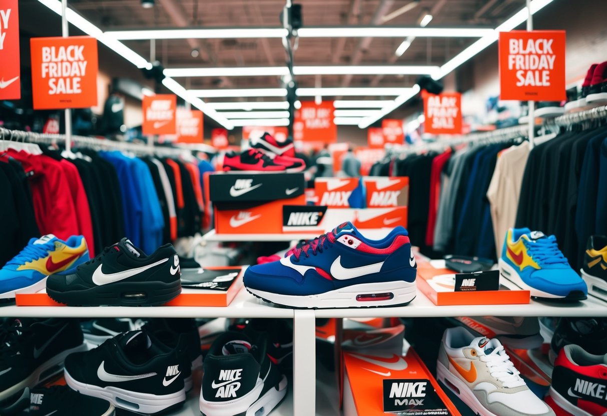 A crowded store with shelves of Nike Air Max trainers, surrounded by Black Friday sale signs and clothing displays