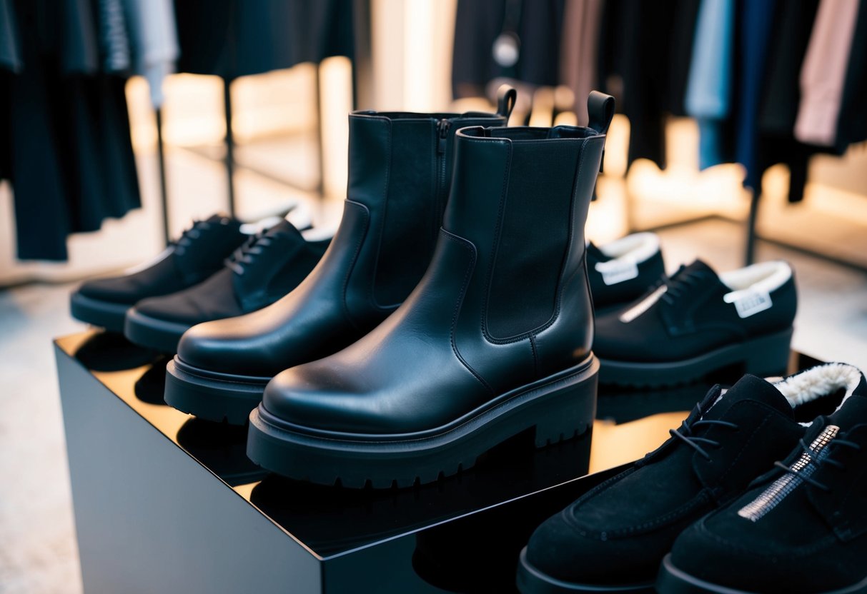 A pair of black Topshop boots displayed on a sleek black platform, surrounded by other fashionable clothing items on sale for Black Friday