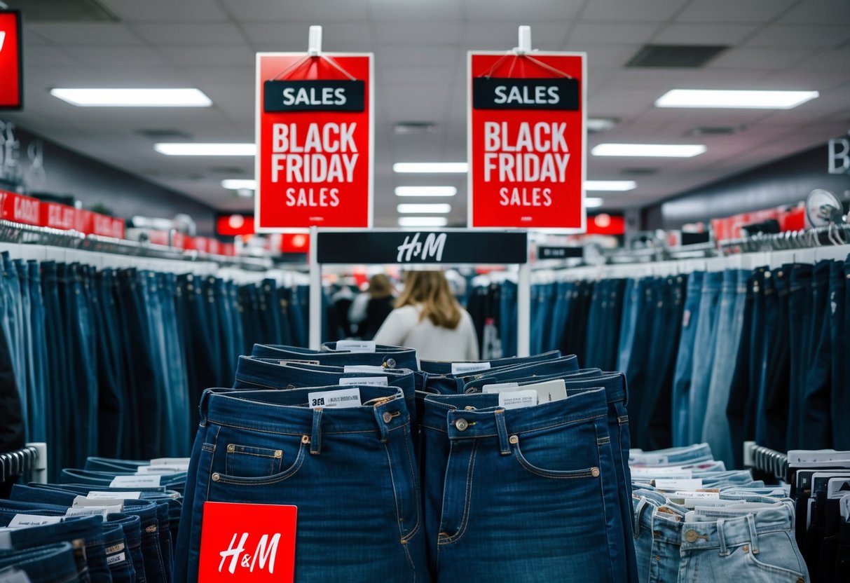 A crowded store with shelves of H&M skinny jeans, surrounded by Black Friday clothing sales signs