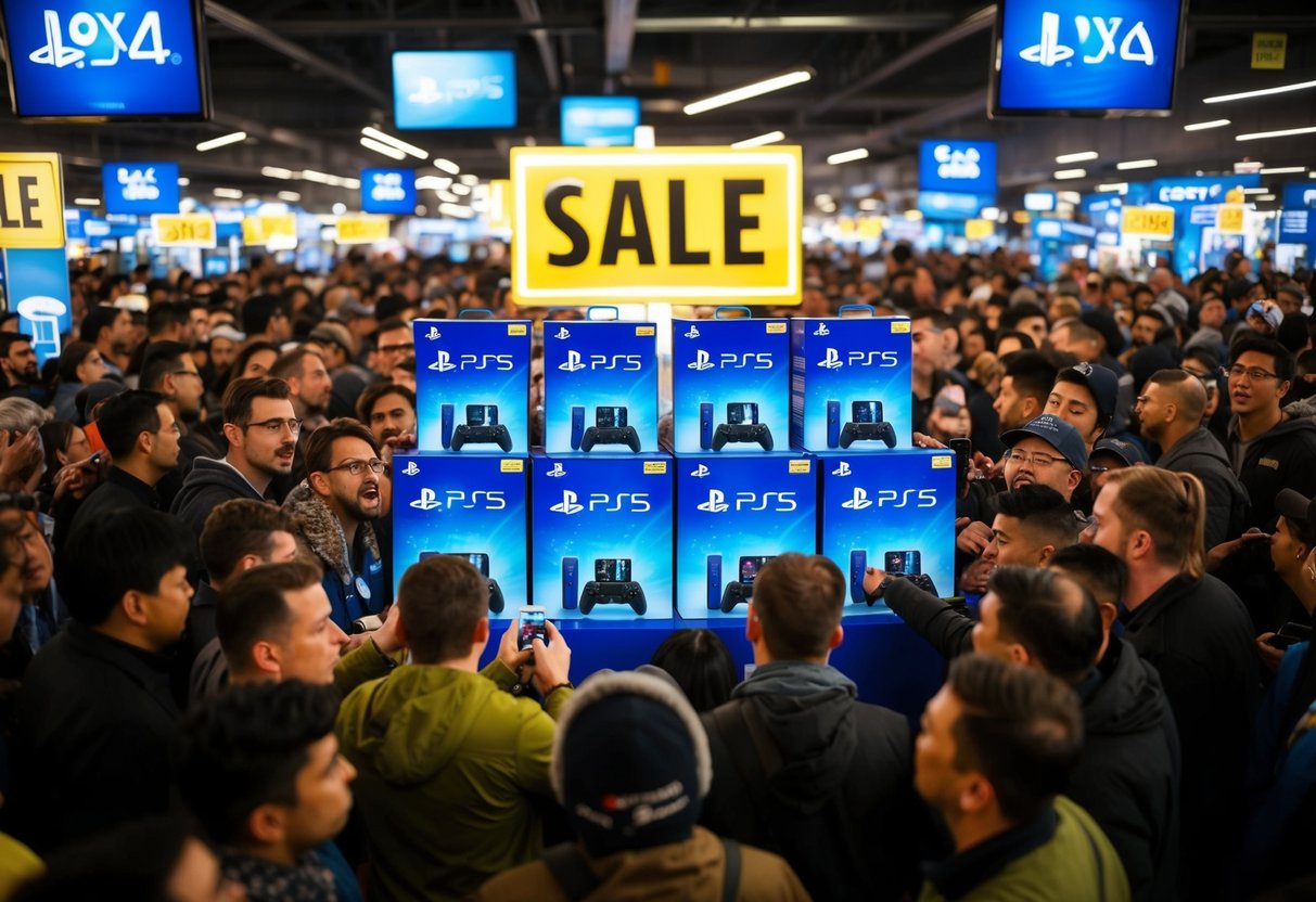 Crowds surround a display of PS5 bundles, eager shoppers clamoring for the best deal. Bright sale signs and flashing screens create a chaotic yet exciting atmosphere