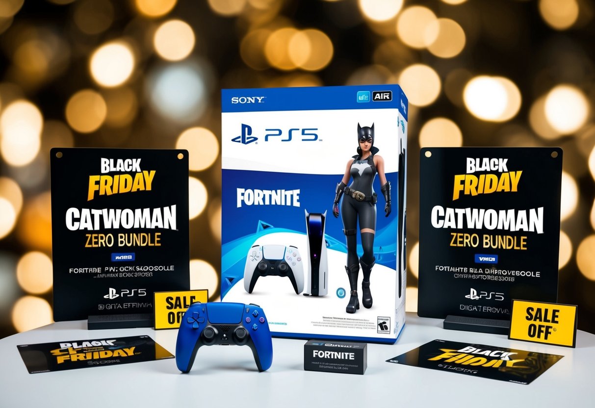 A PS5 Digital Edition console with the Fortnite Catwoman Zero Bundle, surrounded by Black Friday sale signs and promotional materials