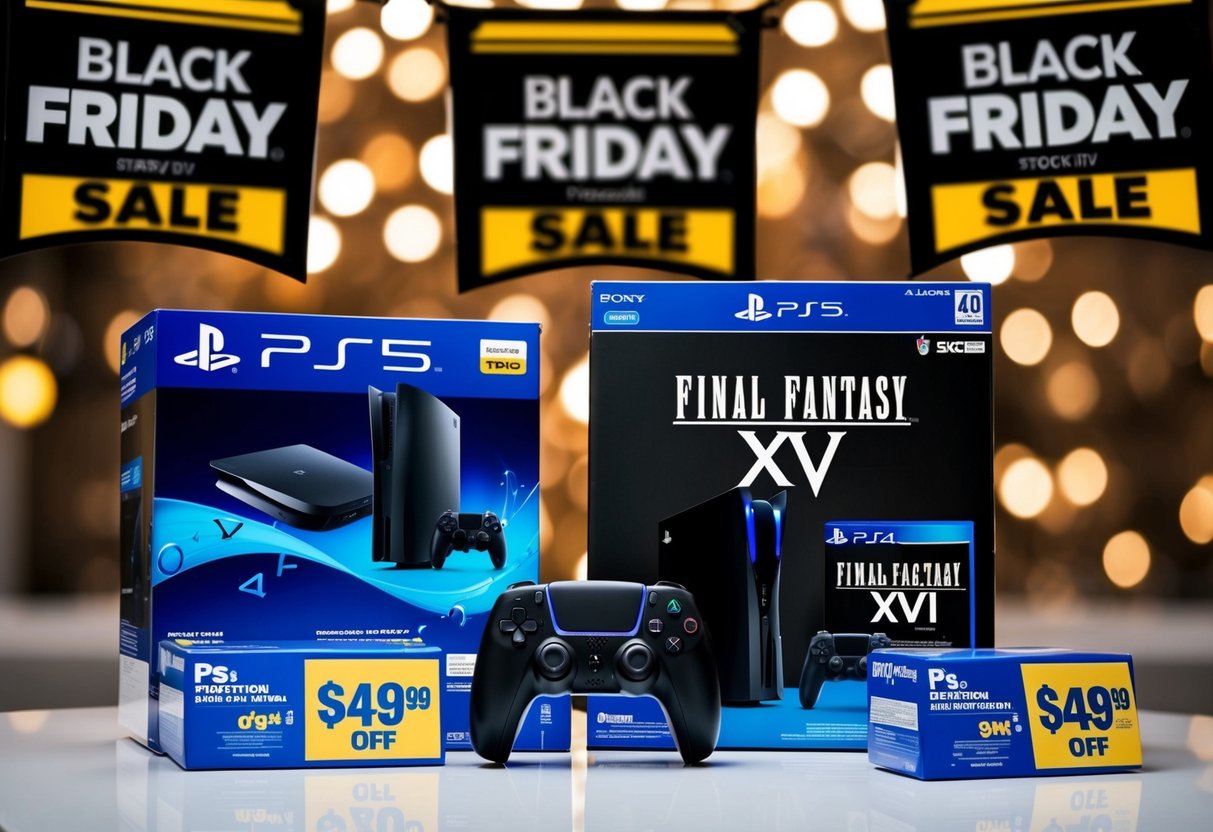 A PS5 console and Final Fantasy XVI game box surrounded by Black Friday sale signage and promotional banners