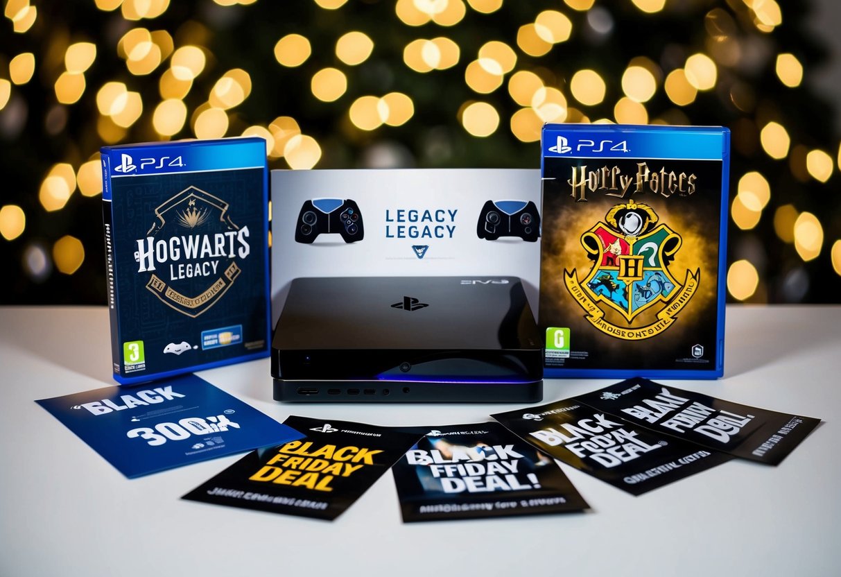 A PlayStation 5 console surrounded by the Hogwarts Legacy game and Black Friday deal stickers