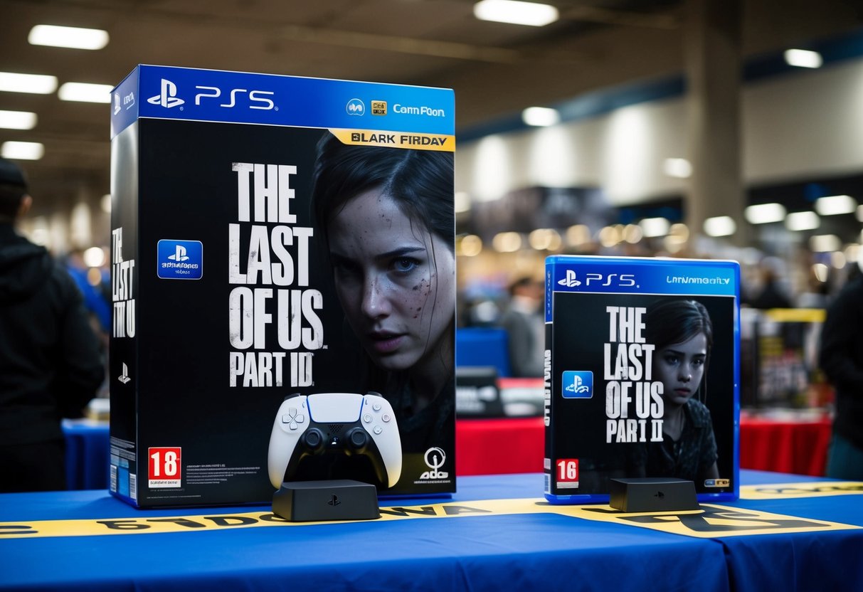 A PS5 console and The Last of Us Part II game bundle displayed on a Black Friday sale table